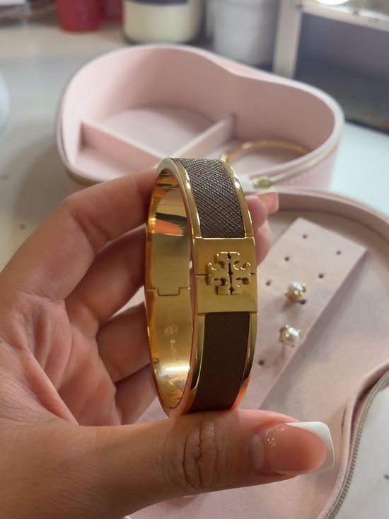 Tory Burch Gold and Brown Logo Hinge Bracelet